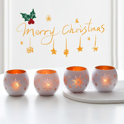 Snowflake Christmas Candle Holders Set of 4, Gold & White Glass Tealight Votive Holders for Winter Decor, Xmas Table Centerpieces, Indoor Christmas Decorations, Ideal