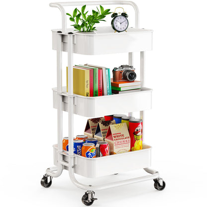 Pipishell 3 Tier Rolling Cart, Metal Utility Cart with Wheels and Handle, Rolling Storage Cart for Nursery Room, Living Room, Painting Room, Office and Kitchen, White