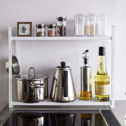 Yamazaki Industries 5150 Horizontal Stove Rack, 2 Tiers, White, Approx. W 20.1 x D 5.5 x H 15.7 inches (51 x 14 x 40 cm), Tower, Gap Storage, Condiment Rack, Holds Pots and Oils, Hooks