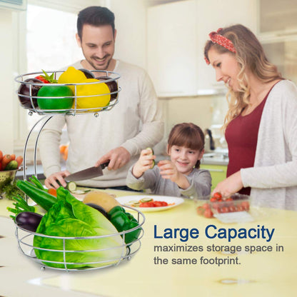 Auledio Iron 2-Tier Countertop Fruit Vegetables Basket Bowl Storage With Banana Hanger, Black, 64 ounces