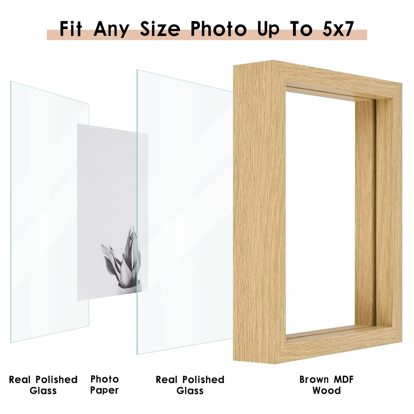 MUYE 5x7 Floating Frame Set of 2,Double Glass Rustic Photo Frame for Wall Hanging or Tabletop Standing,Also Display 4x6 or 3x5 Photo for Floating Effect,Natural