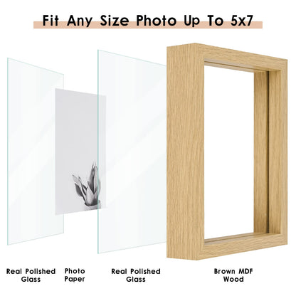 MUYE 5x7 Floating Frame Set of 2,Double Glass Rustic Photo Frame for Wall Hanging or Tabletop Standing,Also Display 4x6 or 3x5 Photo for Floating Effect,Natural