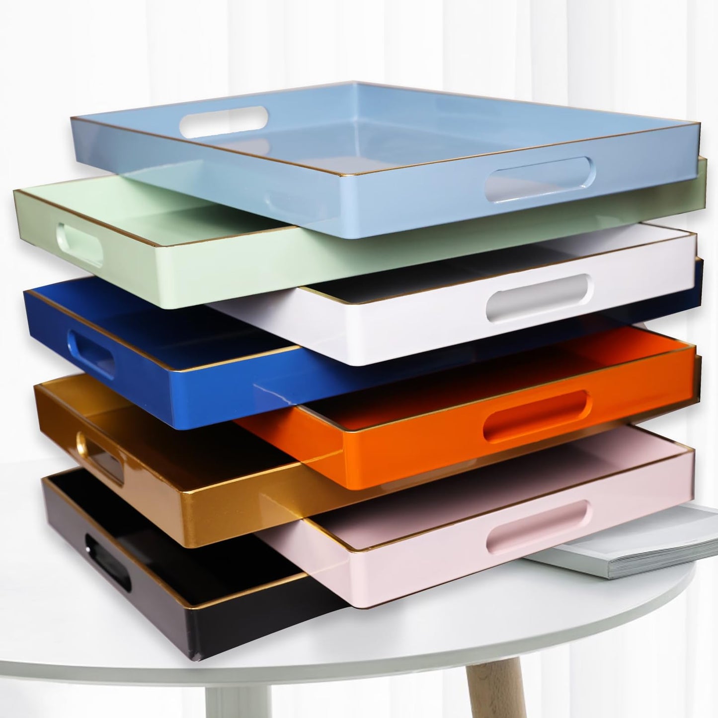 Spsyrine Blue Decorative Serving Tray with Handles, Elegant Plastic Coffee Table Tray for Ottoman, Living Room, Home Decor 15.6" X 10.2" Light Blue
