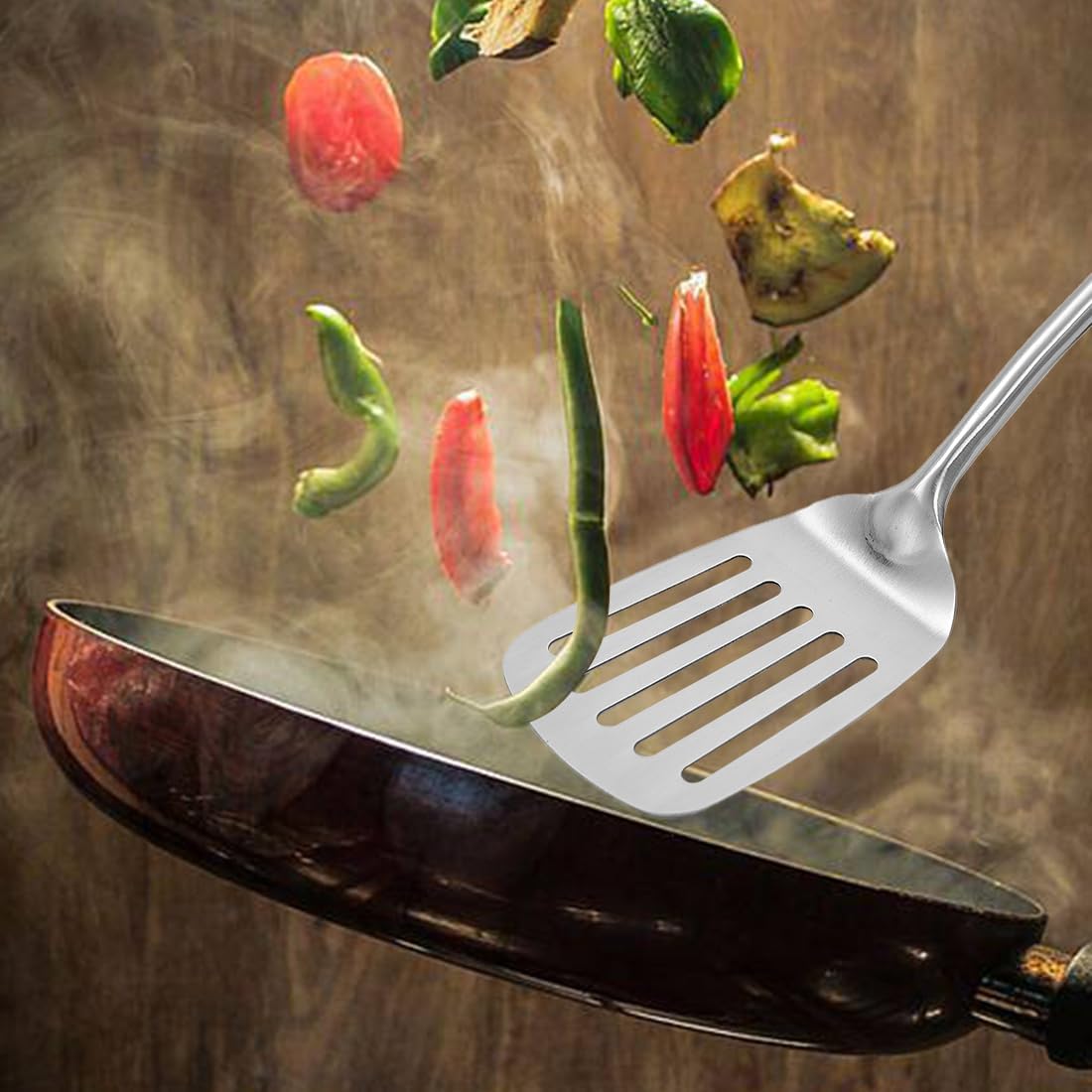 Stainless Steel Kitchen Utensil Set, 4 Pcs Cooking Cookware Set with Heat Resistant Wooden Hand