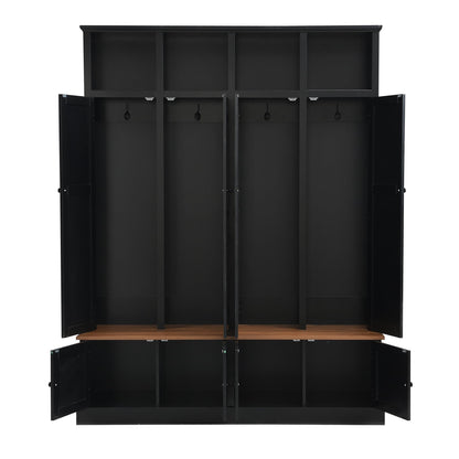 Shaical Hall Tree with Bench and Shoe Storage, 4-in-1 Entryway Bench with Coat Rack & Cabinets, Open Cubbies 4 Hooks, 76.7" H Wooden Storage Organizer for Hallway, Mudroom, Entrance, Black