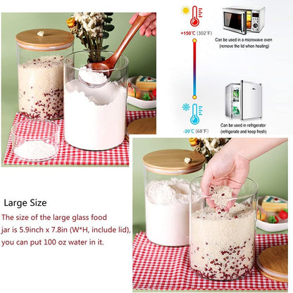 Large Glass Flour Container with Airtight Bamboo Lid, 3L Food Jar for Storage of Flour, Sugar, Cookies, Rice