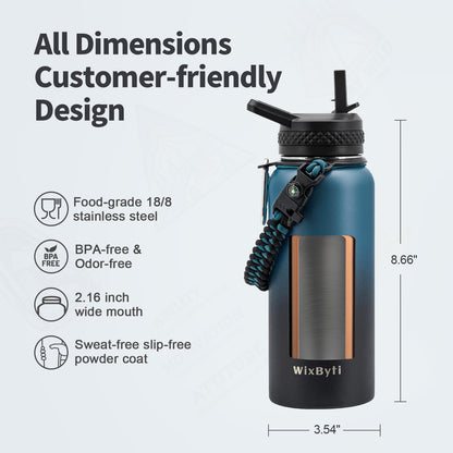 WixByti 32 oz Insulated Water Bottle with Straw (Cold for 48 Hrs), Stainless Steel Triple Wall Vacuum Sports Water Jug, Leakproof Hydro Cup Flask with Paracord Handle & Straw Spout Lids & DIY Stickers