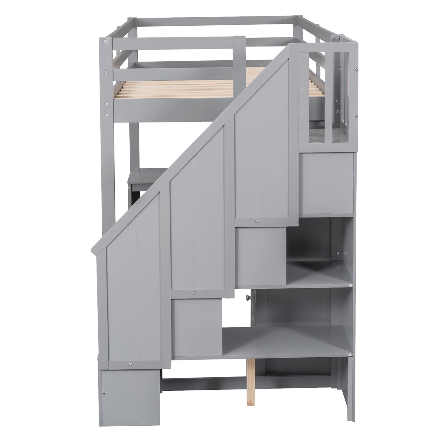 KTATK Twin Size Loft Bed with Storage Shelves and Under-Bed Desk,Bedroom Multifunctional Bed Frame w/Solid Wood Slat Support & Full-Length Guardrail,for Adult Boy Girl Teen,White