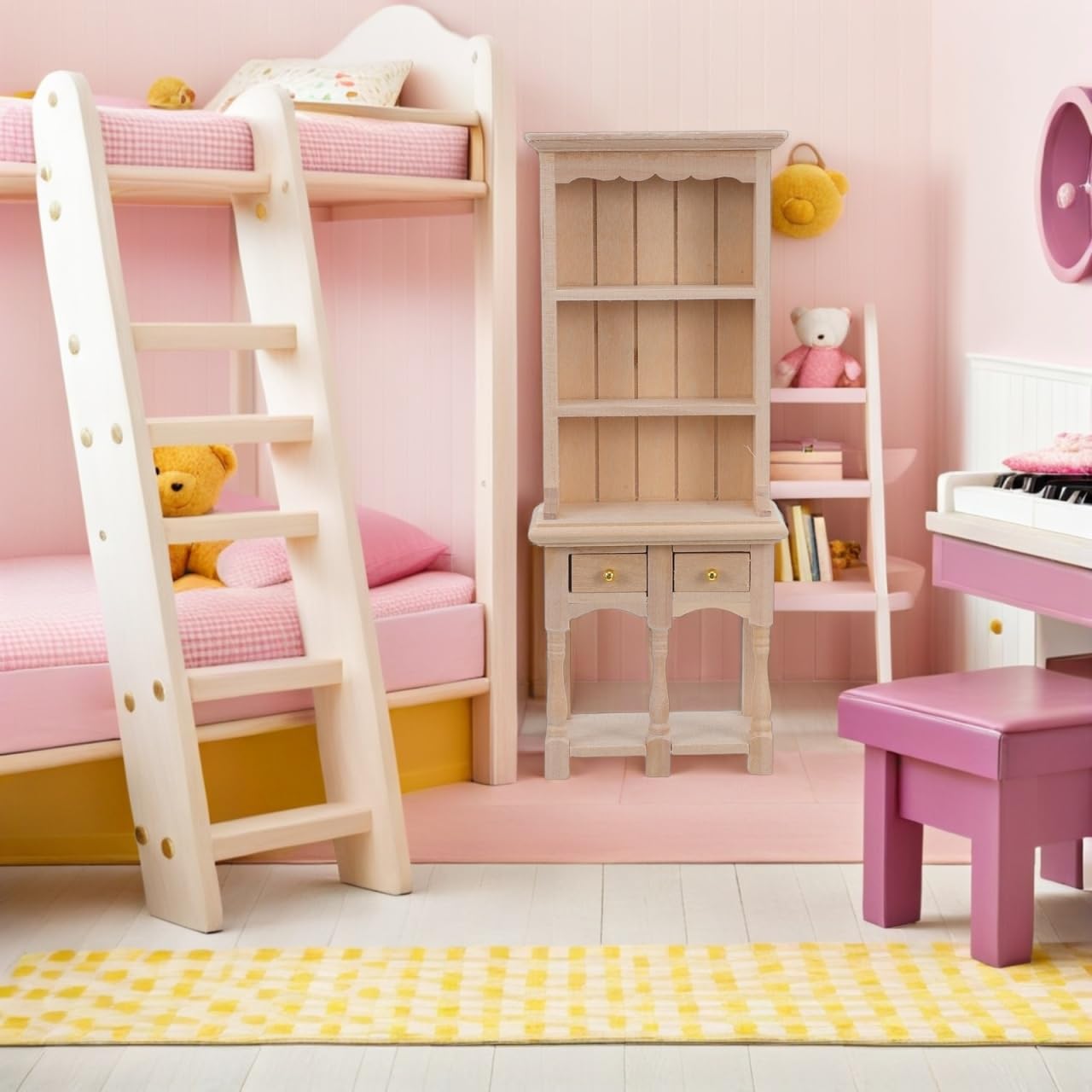 NUOBESTY 1:12 Scale Dollhouse Bookshelf, Miniature Wooden Cabinet with Drawers, Mini Display Shelf for Doll House Furniture Accessories, Tiny Library Study Room Decor Model
