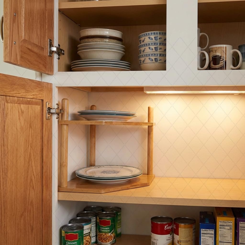 2-Tier Counter (1, 6.7" Expandable Bamboo Corner Shelf - Dish/Plate Organizer for Cabinet, Kitchen Shelf & Small