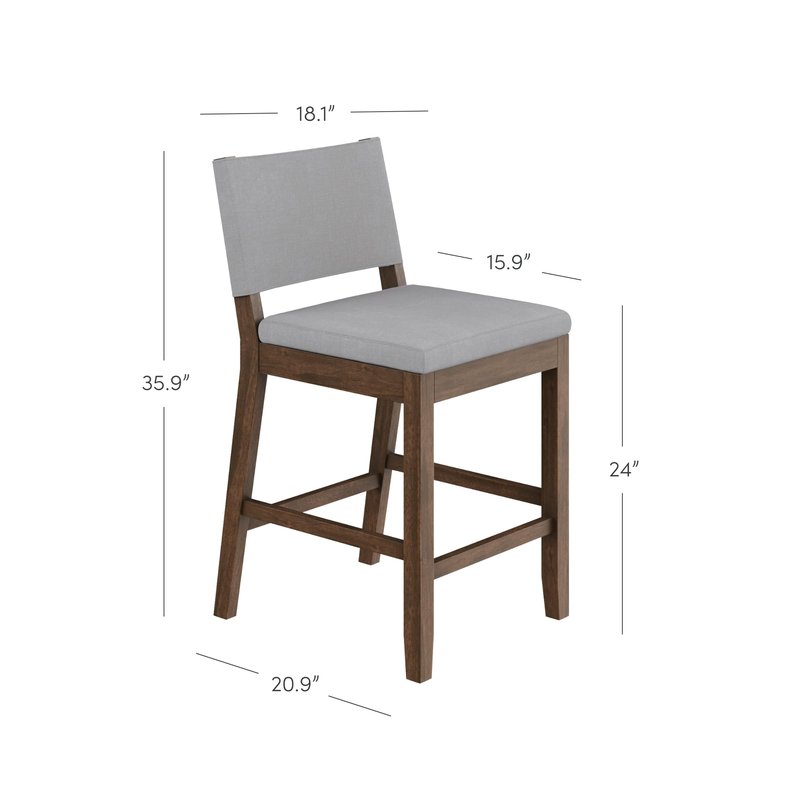 Nathan James Linus Modern Upholstered Counter Height Bar Stool with Back and Solid Rubberwood Legs in a Dark Brown Wood, Natural Light Grey/Brown