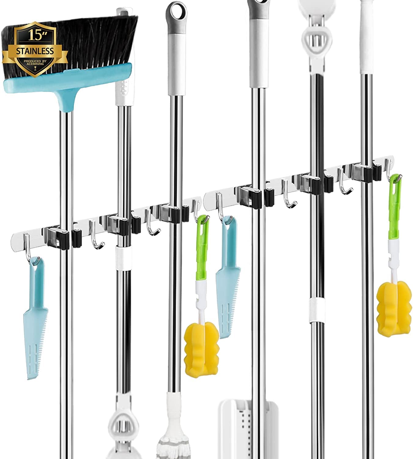 AceMining 5 Racks and 4 Hooks Mop and Broom Holder Wall Mount, Broom Organizer Storage Tool Racks Stainless Steel Heavy Duty Hooks Self Adhesive Solid Non-slip for Home Kitchen Garden Laundry Garage