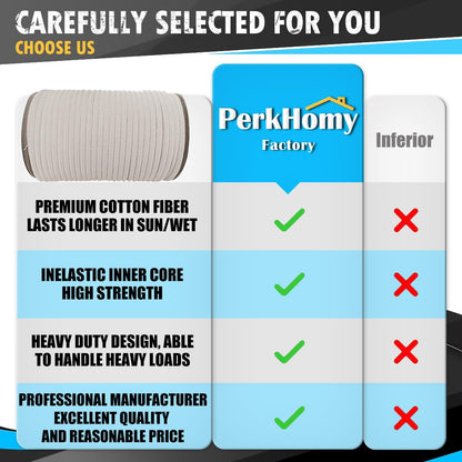 PerkHomy 200 Feet Cotton Rope 3/16" (5mm) Multi Purpose Utility Diamond Braided Cord, Natural Cotton for Clothes Line Camping Crafting Flag Pole, Natural White
