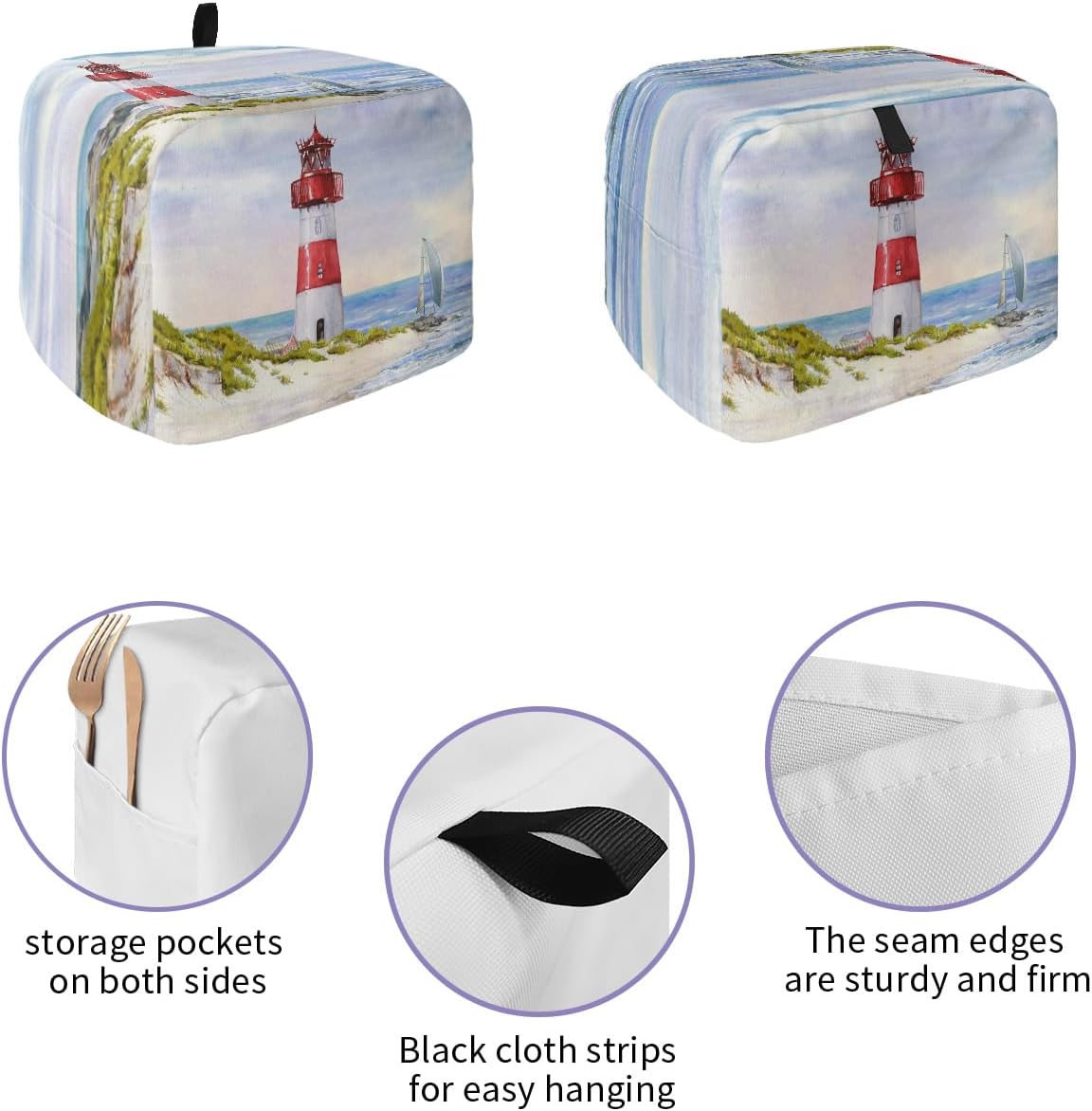 Toaster Cover, Coastal Lighthouse 2 Slice, Watercolor Blue Sky Sea Summer Beach with Loop, Polyester Dust Cover