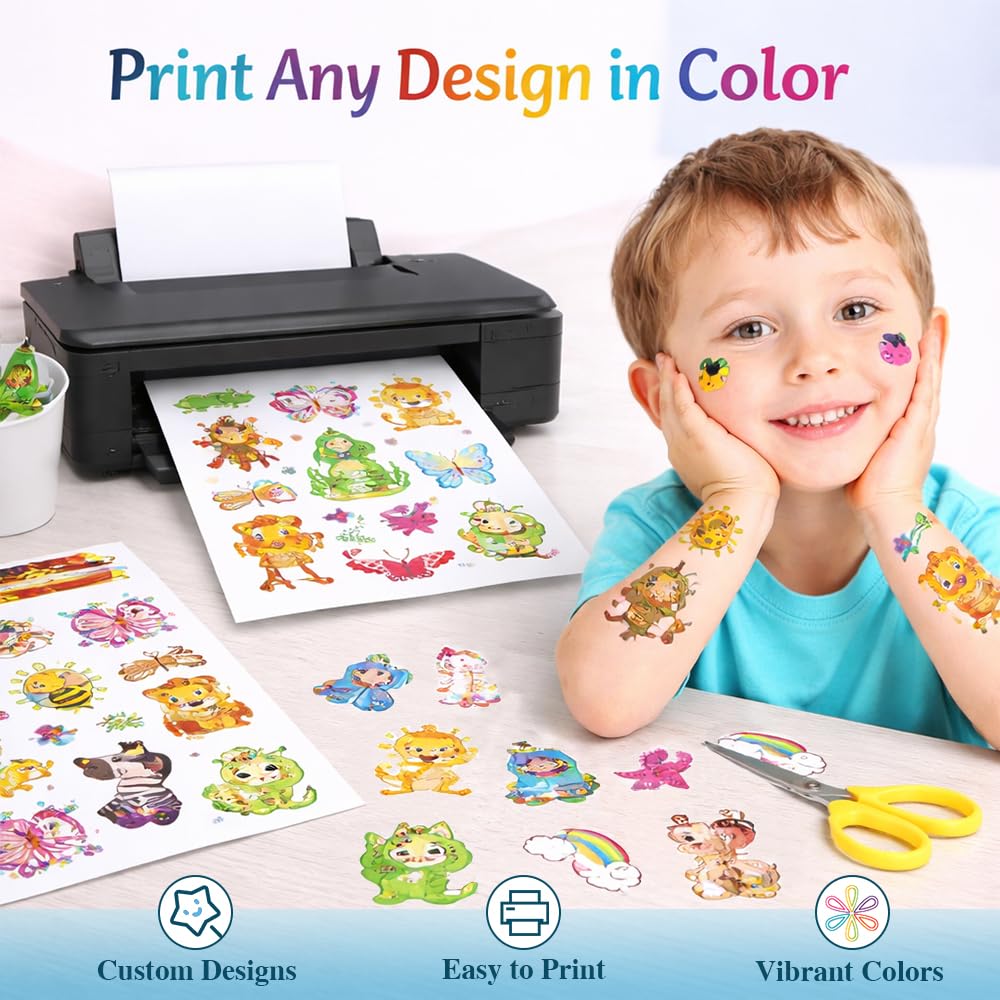 15 Sheets Printable Temporary Tattoo Paper for Inkjet Printer - 8.5 x 11 in DIY Custom Design Transfer Sheets with Vibrant Color Prints for Mother's Day, Kids & Adults