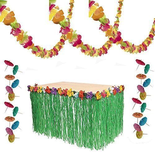 Charmed Luau Tropical Hawaiian Party Decorations - 144 Paper Cocktail Umbrellas, Grass Table Skirt, Lei Garland