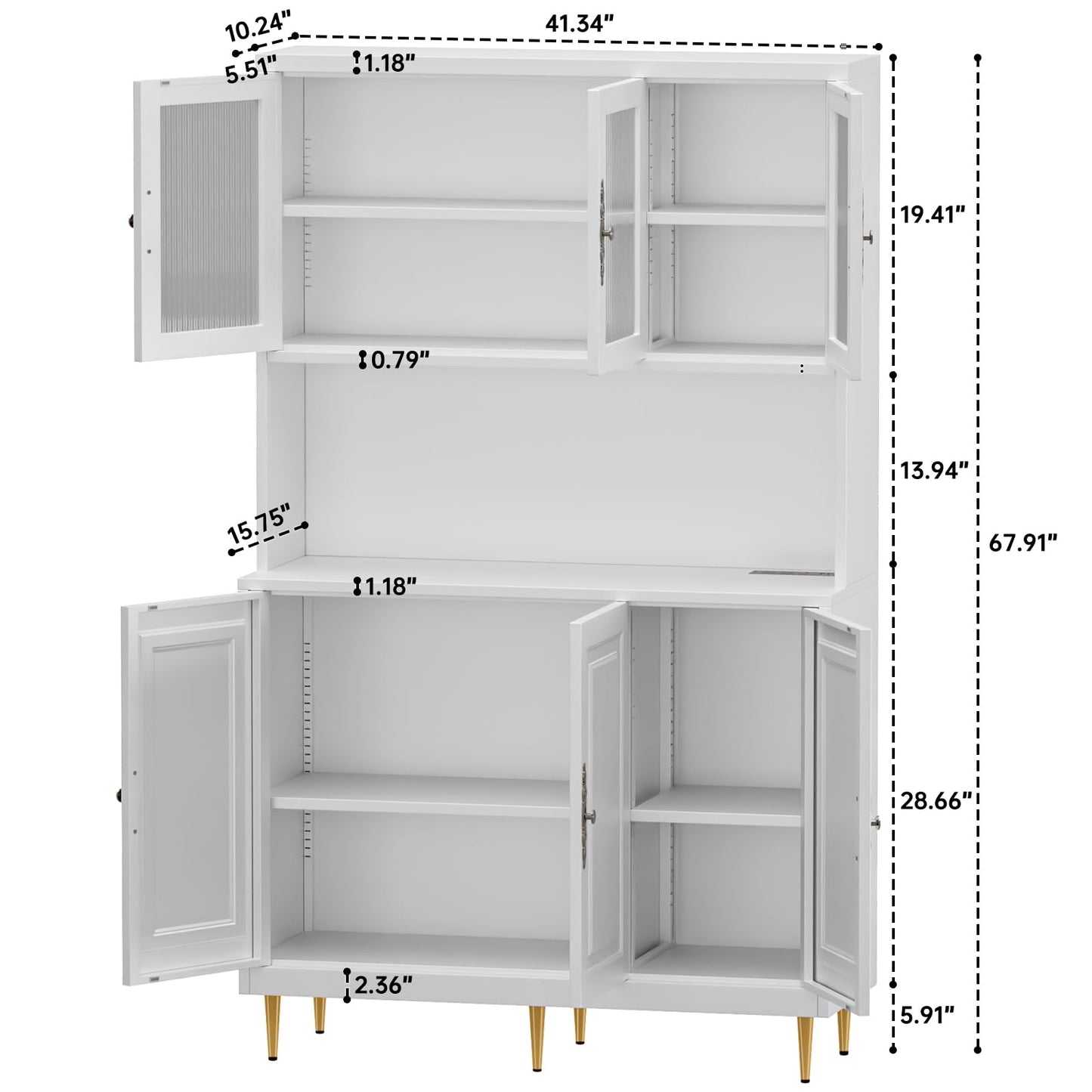 AUN Metal Pantry Cabinet with Charging Station - 68" Multi-Scene Storage Cabinet for Kitchen, Coffee Bar, Dining Room | Adjustable Shelves & Soft-Close Doors,White