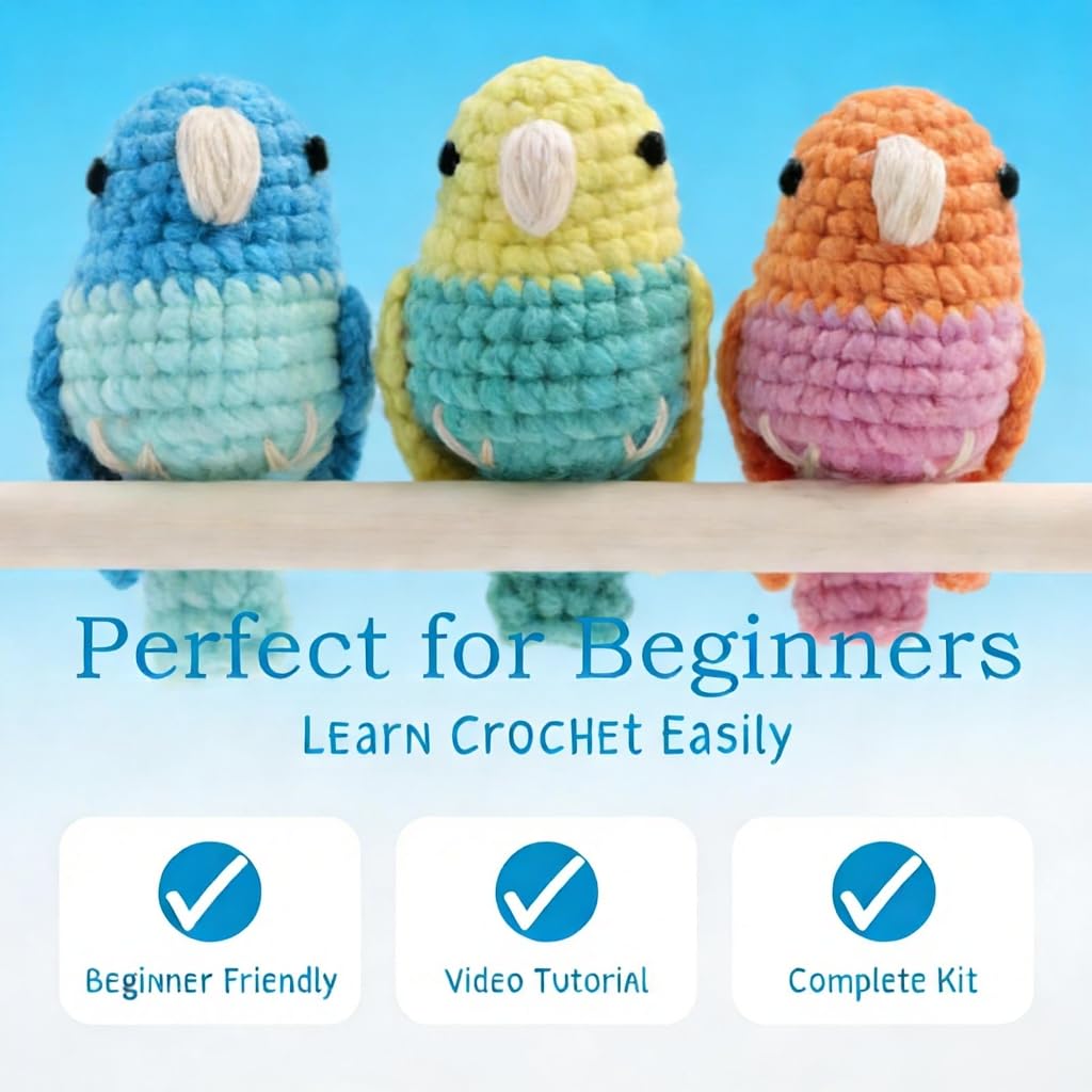 HOUSE CREATIVITY Crochet Kit for Beginners, Make 3 Mini Budgie Birds, Amigurumi Crochet Starter Kit with Step-by-Step Video Tutorial, Yarn, Hook, Eyes & Stuffing, DIY Craft Kit Gift for Adults