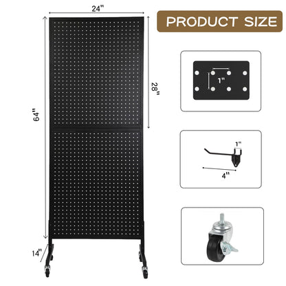 Eastern Tree Metal Pegboard Display Stand 2'x 5'with 30 Hooks, Pegboard Panels Display with Wheels, Peg Board Display Rack, Standing Pegboard Display- Black