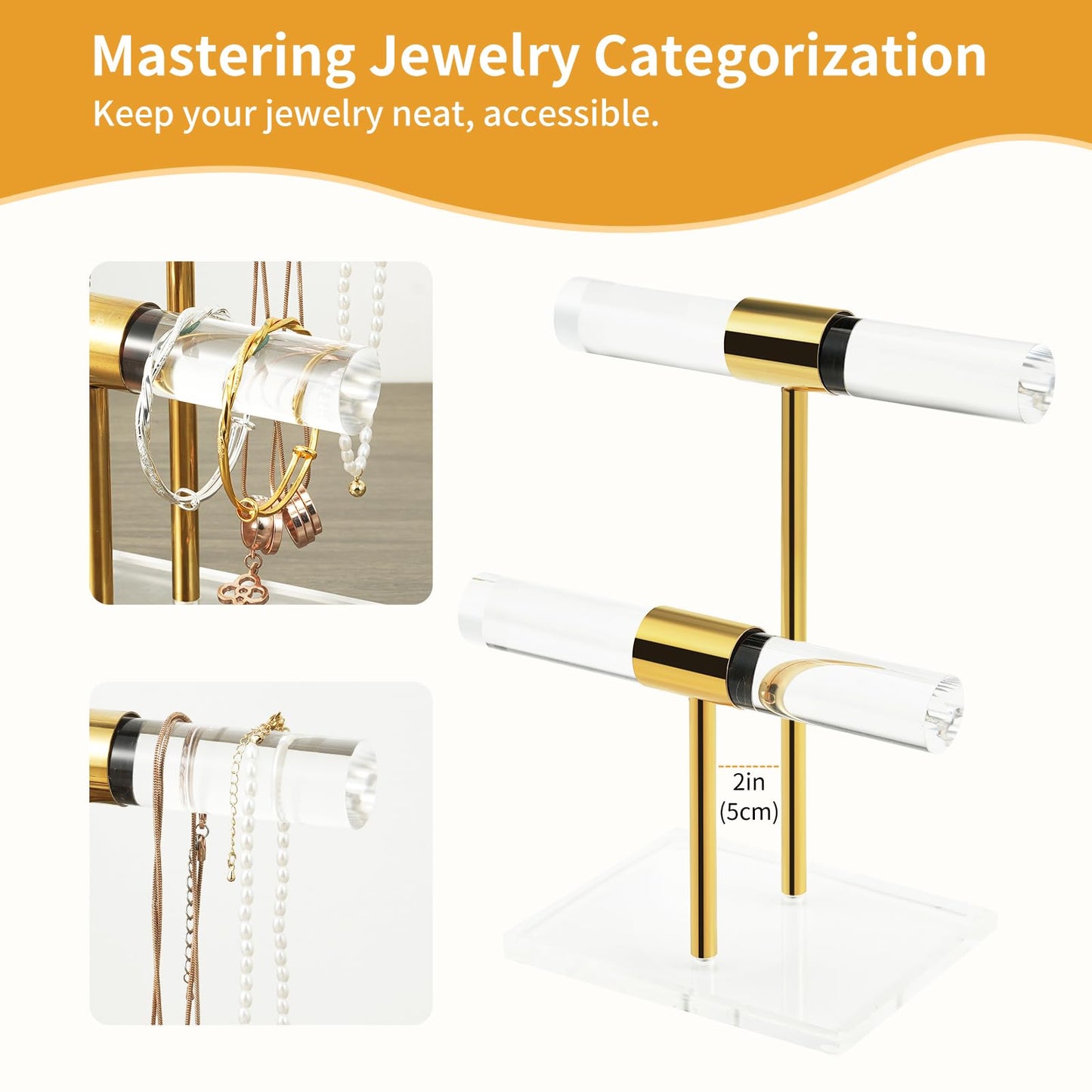 SHUNKAIZS 2 Tier Acrylic Bracelet Holder, Clear Gold T-Bar Jewelry Display Stand, Tangle-free Necklace Stand, Heavy Duty Jewelry Organizer Rack for Retail Store Vendors Counter Home