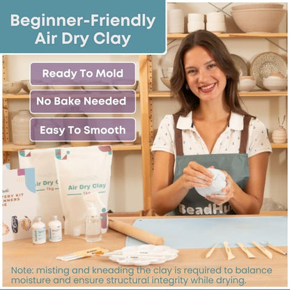 Pottery Kit for Beginners, 4.4LBS Air Dry Clay for Adults with Sculpting Tools, Paint, Glaze, 2kg Air-Dry Modeling Clay | Molding, Sculpt & Painting Set, Hobby Date Night DIY Art Craft Kits (White)