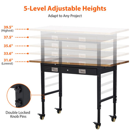 GarveeTech 60 in Heavy-Duty Adjustable Workbench with 2 Drawers & Pegboard - 2000 LBS Capacity, 4 Rolling Wheels, Rubber Wood Tabletop for Garage, Workshop, Home Office, Black