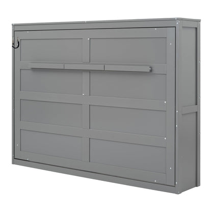 Merax Modern Farmhouse Solid Wood Murphy Cabinet Bed, Queen Foldable Wall Bed Frame, No Box Spring Needed/Space Saving, Gray