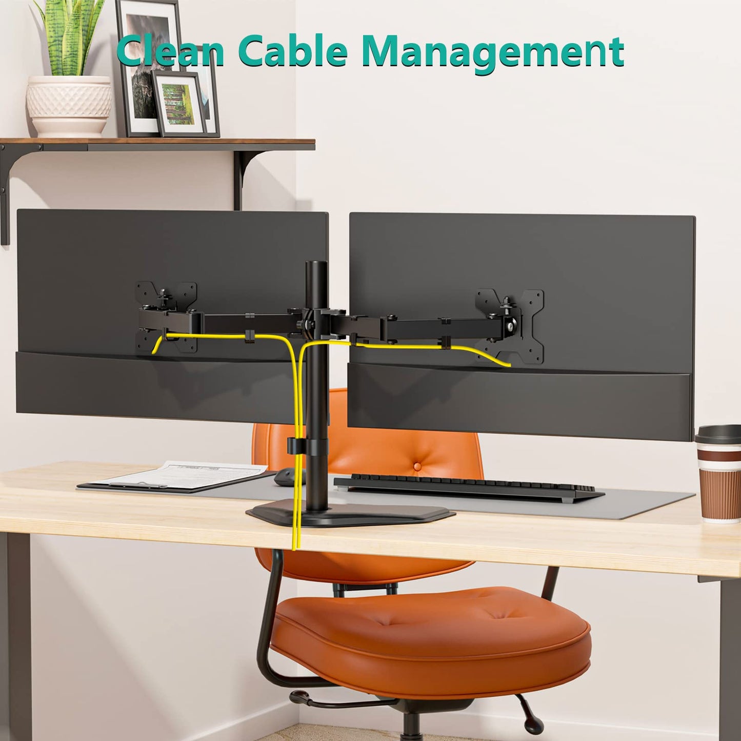 WALI Dual Monitor Stand for Desk, Monitor Stands for 2 Monitors up to 27 inch, Dual Monitors Mount Fits up to 22lbs, Free Standing Full Motion Dual Monitors Arm for Desk (MF002), Black