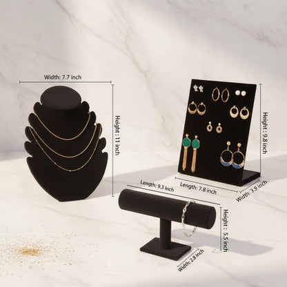 Fliqor 3 Pcs Black Velvet Jewelry Display Set, Necklace Bust Mannequin, T-Bar Bracelet Holder & L-Shaped Earring Rack, Jewelry Display Stand for Selling, Shows, Photography & Home Organization
