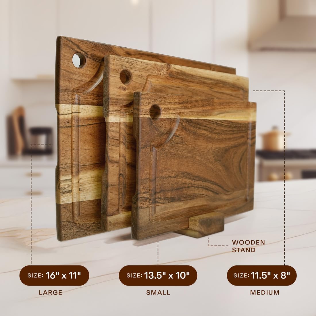 Set 3 Acacia Wood Cutting Board, Solid Wood Cutting Board of with holding stand and Deep Juice Grooves & Built