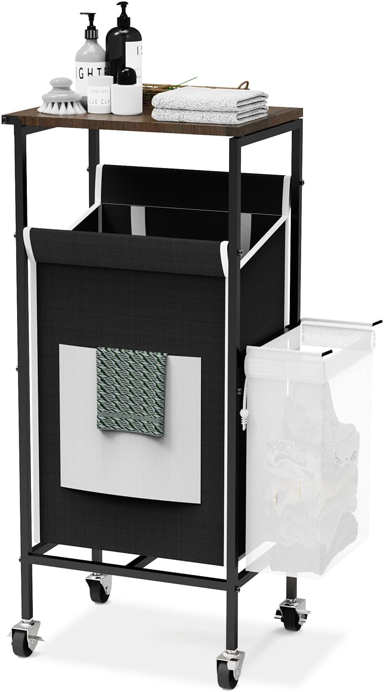 Laundry Hamper with Lid,Rolling Laundry Basket with Wheels,Metal Frame Sorter with Top Shelf and Removable Launddry