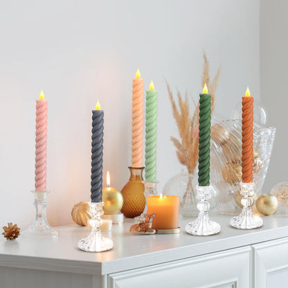Baquler 6 Pcs Pastel Flameless Taper Candle Twisted 9.65 in Spring Colorful Taper Candles Battery Operated Pastel Spiral Candlestick LED for Wedding Birthday Home Party Holiday Dinner Fireplace