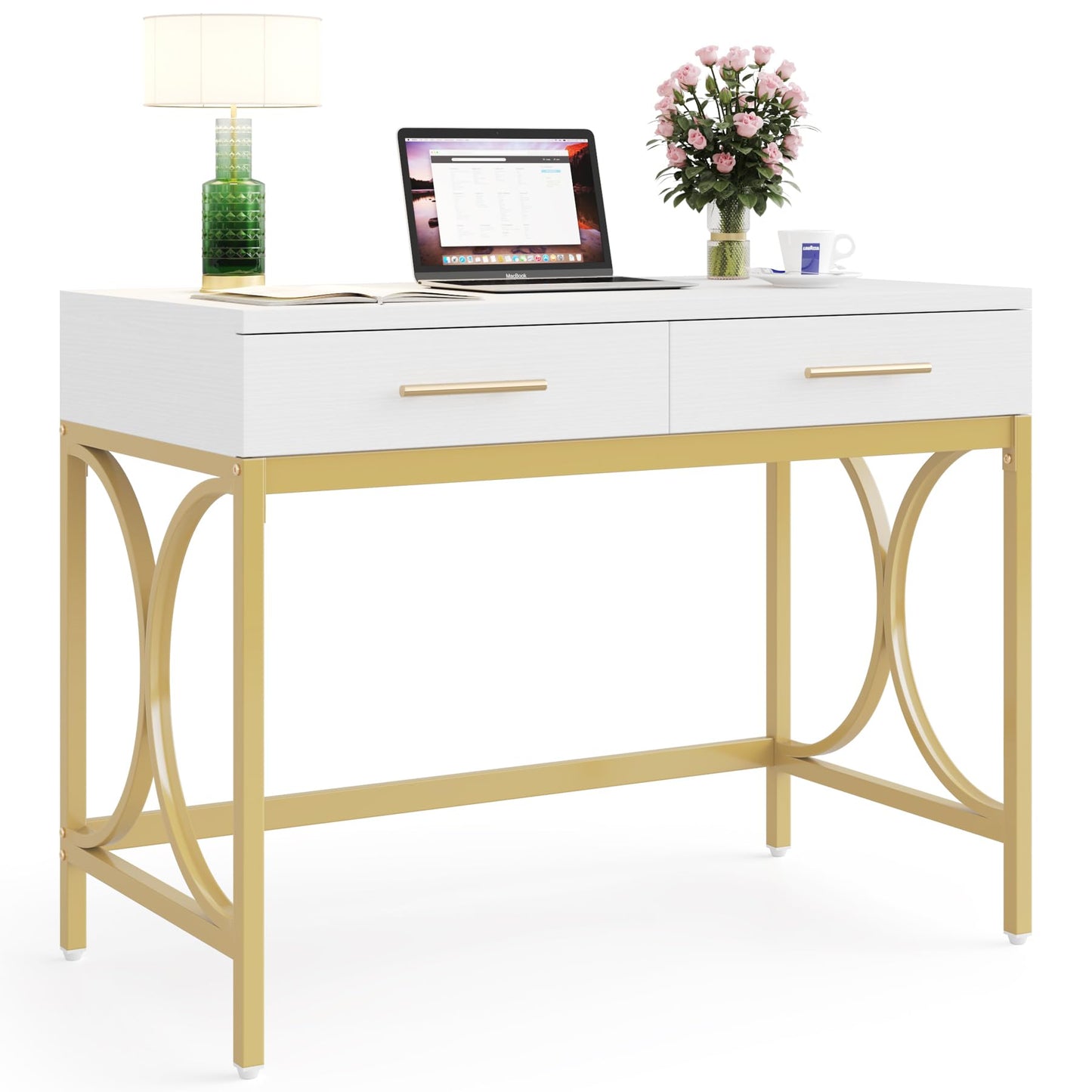 LITTLE TREE 41" Computer Desk with Two Drawers, Modern Study Writing Desk with Storage, White Makeup Vanity Table Office Desk with Gold Metal Frame for Home Office