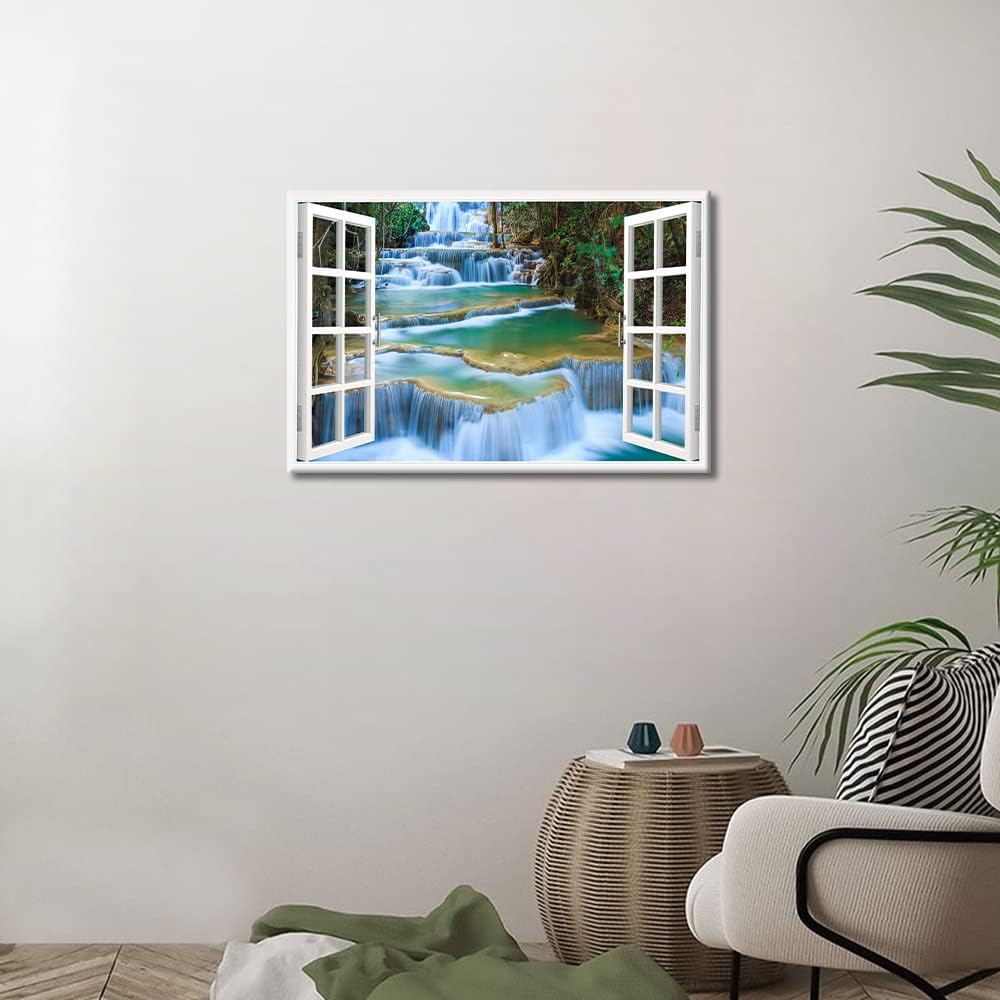 Grand Waterfall Wall Art Window View Decor, Green Mountain Pictures Canvas Print for Bedroom, Framed Ready to Hang
