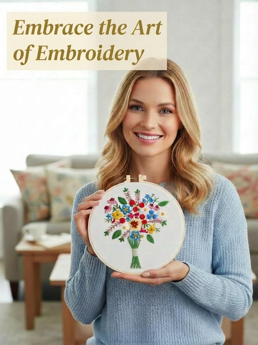 CornerLife 4 Pack Embroidery Kit for Beginners Adults, Hand Embroidery Kits with Pre-Stamped Floral Patterns and Instructions, Adjustable Hoop, Needlepoint Starter Kit DIY Art Crafts Gift (Flower A)