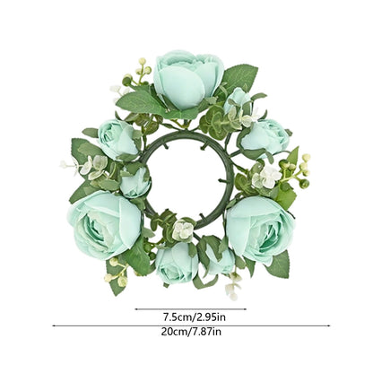 Artificial Rose Candle Rings Wreath Mini Floral Wreaths Pillar Candle Holder with Blooming Flowers and Green Leaves for Wedding Party Home Table Centerpieces Decor (Blue)