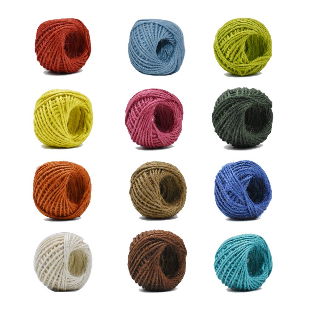 12 Color Jute Twine Natural Jute String 2mm 3 Ply for Artworks, DIY Crafts, Gift Wrapping & Embellishments - 33 Yard per Roll