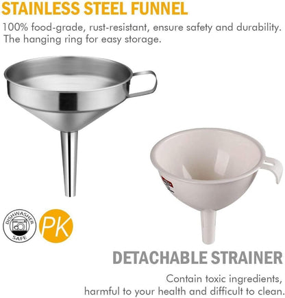 Kitchen Funnel, 3 Piece Stainless Steel Set with Handle and Removable Strainer for Liquid Transfer
