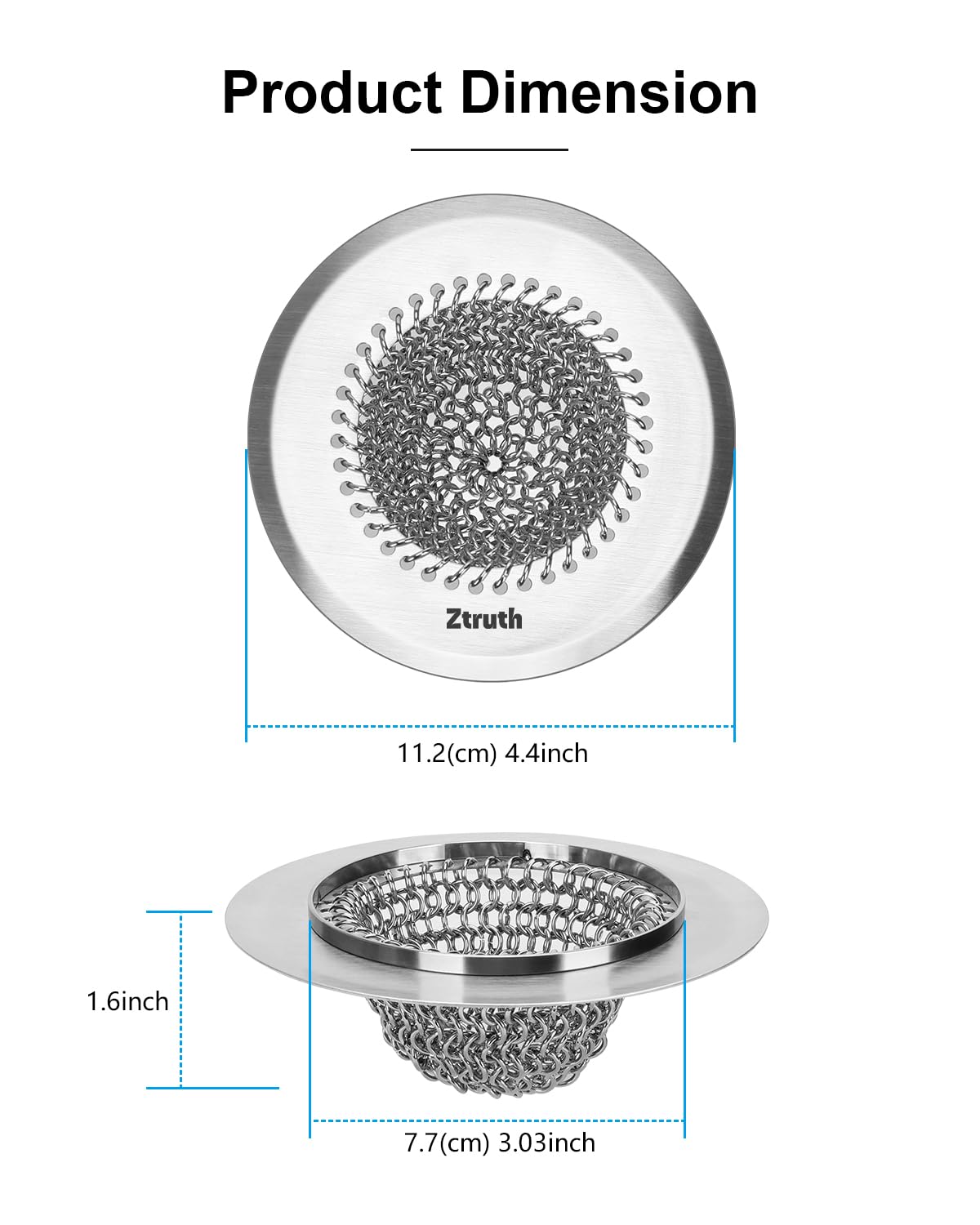 Ztruth Kitchen Sink Drain Strainer Patented Reversible Sink Strainer, Anti-Clogging Sink Strainer Basket, 304 Stainless Steel, Handmade Kitchen Gadgets, Dishwasher Safe