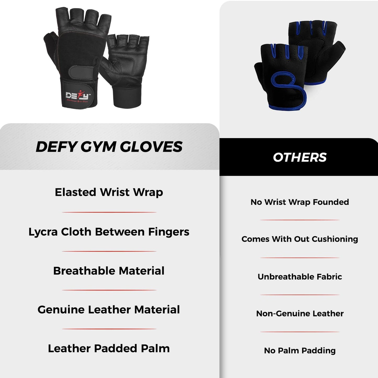 DEFY Padded Weight Lifting Gloves with 13" Long Wrist Wrap Genuine Leather Gym Gloves for Power Lifting, Cross Training, Workout Black