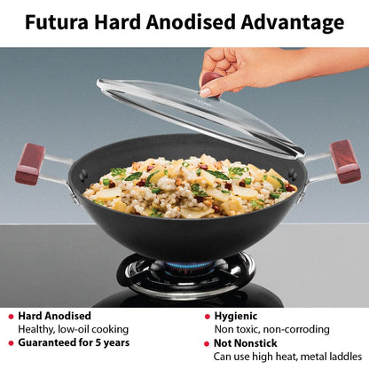 Hawkins Futura 3 Litre Deep Fry Pan, Hard Anodised Kadai with Glass Lid, Flat Bottom Kadhai, Black (AD30G)