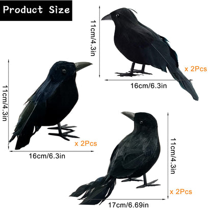 6 Pieces Halloween Black Feathered Crows - Realistic Handmade Ravens for Indoor Outdoor Decoration, 3 Styles