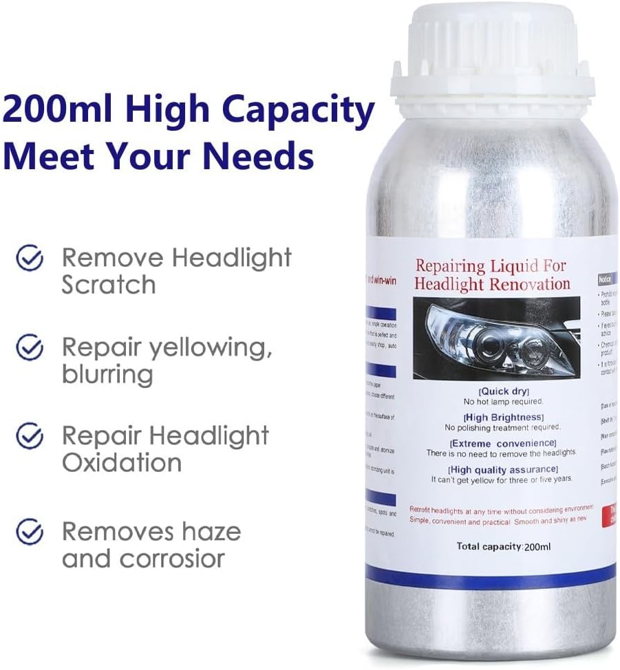 200ML Headlight Restoration Liquid - Automobile Lens Polish Repair Fluid for Headlight Yellowing, Haze, and Scratches