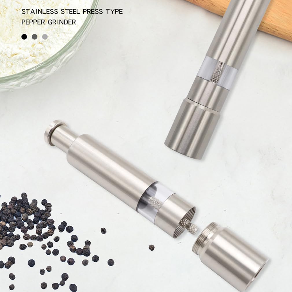 Premium Stainless Steel Salt Grinder, Pepper Mill for Peppercorns, Sea Salt, Thumb Push Button for 1 Hand Operation