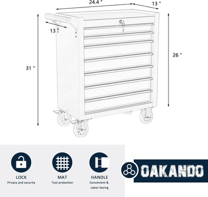 OAKANDO 7-Drawer Metal Rolling Tool Chest with Wheels,Tool Storage Cabinet with Locking System，Toolbox with Wheels for Garage,Workshop, Repair Shop(Black, 7-Drawer)