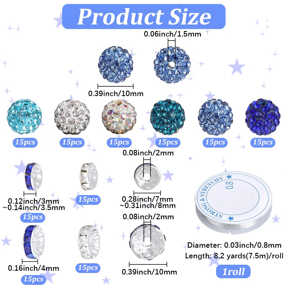 PONABEADIY 150PCS Blue Rhinstone Sparkly Beads Kit with Elastic Crystal Thread Round Spacer Polymer Clay Iron Brass Charms Loose Spacer Bead Bulk for Jewelry Making Bracelets Necklace DIY Craft Supply