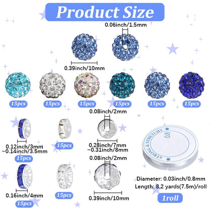 PONABEADIY 150PCS Blue Rhinstone Sparkly Beads Kit with Elastic Crystal Thread Round Spacer Polymer Clay Iron Brass Charms Loose Spacer Bead Bulk for Jewelry Making Bracelets Necklace DIY Craft Supply