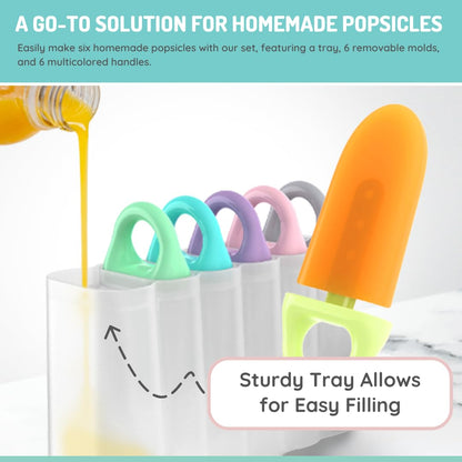 melii Ice Pop Molds with Tray, 6 Make-Your-Own Popsicle Molds, Easy-to-Hold Loop Handles, Drip Guards, Easy Release