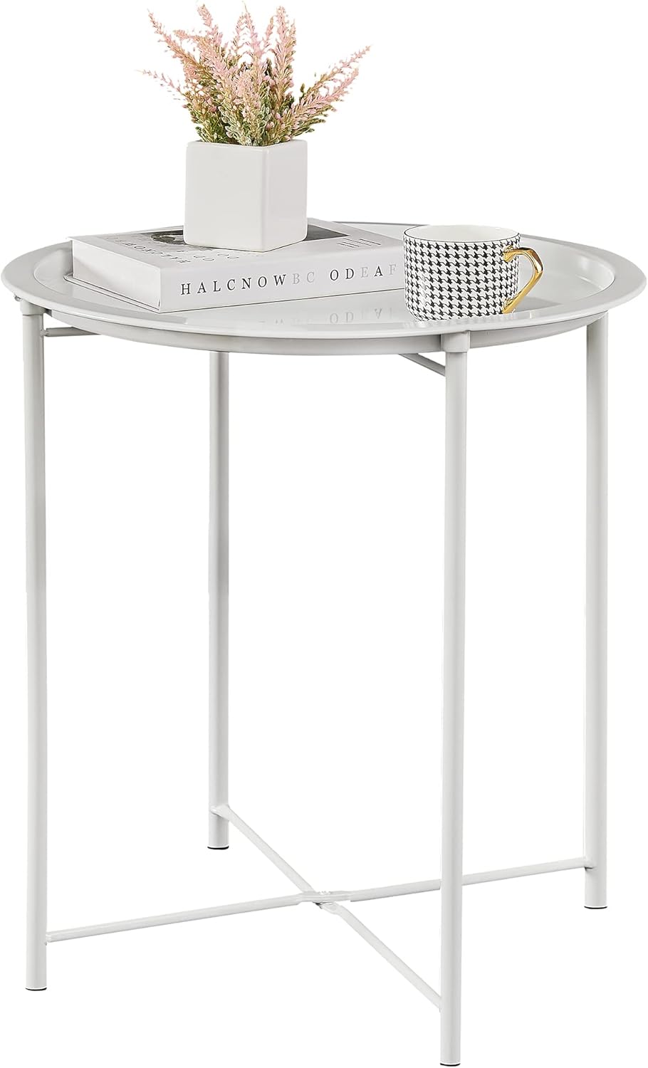 1 VECELO Side/End Table, Folding Round Metal Anti-Rust and Waterproof Outdoor or Indoor Tray for Living Room Bedroom