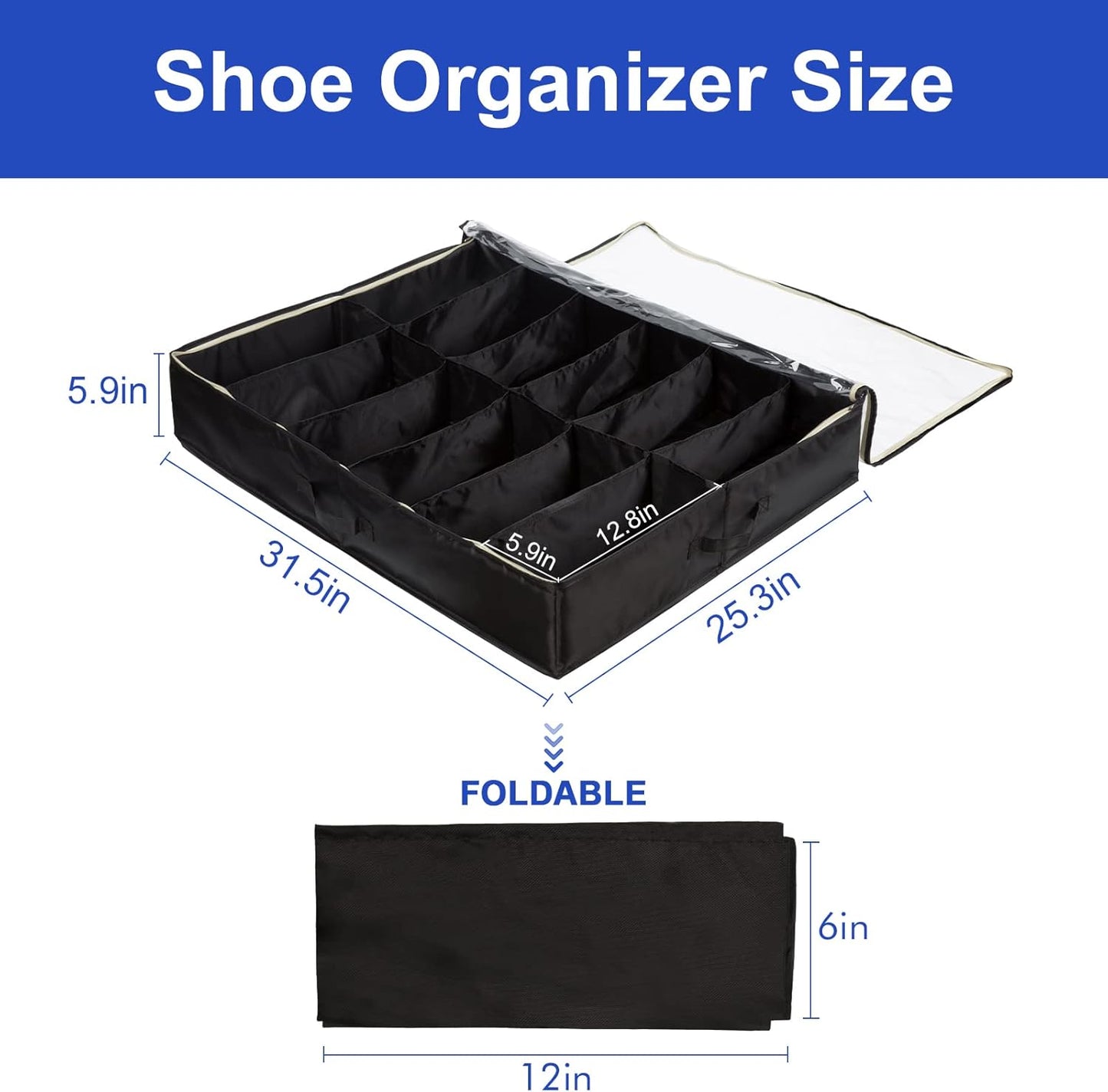 Surblue Under Bed Shoe Storage Organizer, Fits 12 Pairs of Shoes, Set of 1, Black